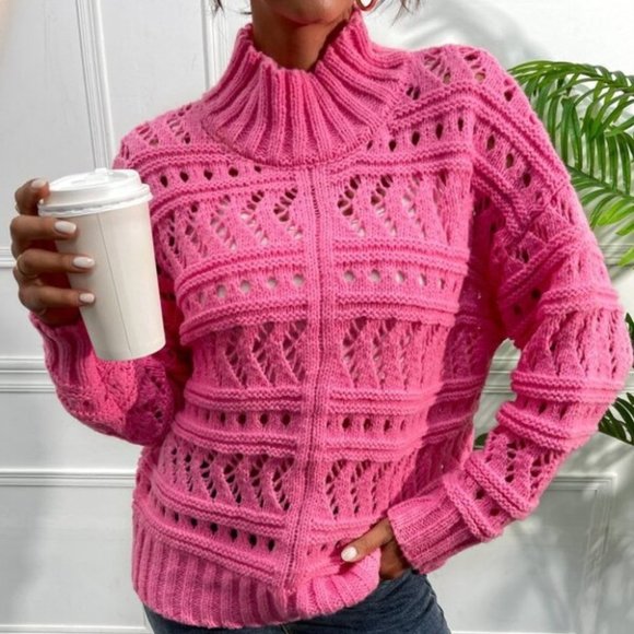 Open Knit High Neck Drop Shoulder Sweater - Picture 3 of 6